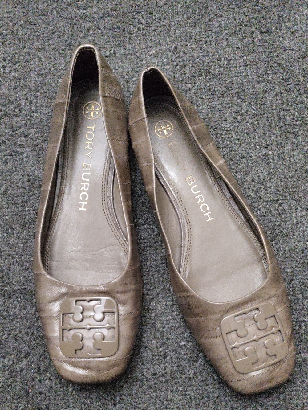 Tory Burch Taupe Leather Logo Square-Toe Flats